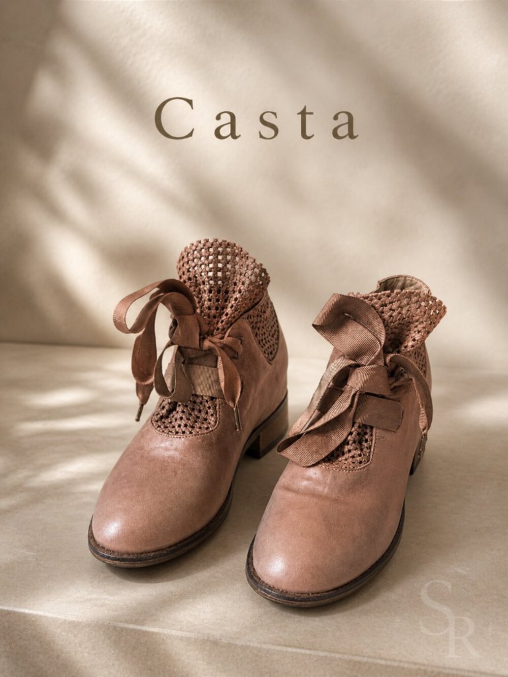 Casta Handmade Portugal Leather Ankle Bootie Blush Pink Crochet Ribbon Lace 7.5